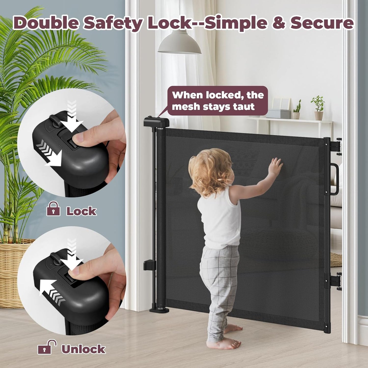Retractable Baby Gate for Stairs & Doorways, Mesh Dog Gate Indoor Outdoor, Extends to 55" Wide 34" Tall Child Gate for Hallways, Deck, Porch, Pet Toddler Safety Essentials, Easy Install, Grey