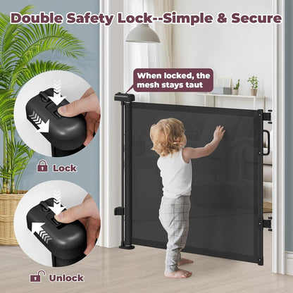 Retractable Baby Gate for Stairs & Doorways, Mesh Dog Gate Indoor Outdoor, Extends to 55" Wide 34" Tall Child Gate for Hallways, Deck, Porch, Pet Toddler Safety Essentials, Easy Install, Grey