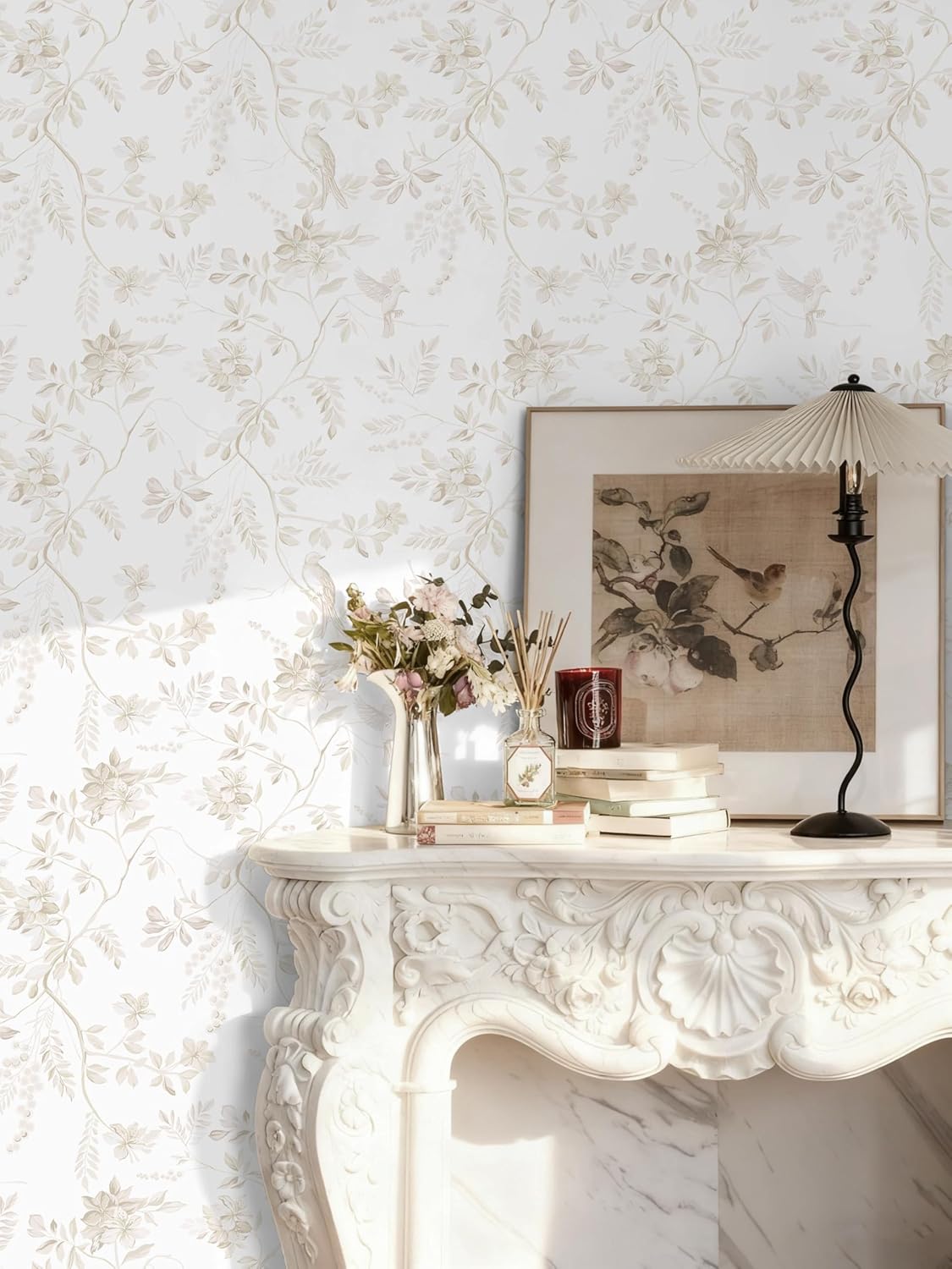 Dimoon 17.3''x78.7'' Vintage Peel and Stick Wallpaper Boho Beige Neutral Contact Paper White Floral Bird Wallpaper Removable Botanical Renter Friendly Modern Wall Paper Bedroom Bathroom Vinyl Roll
