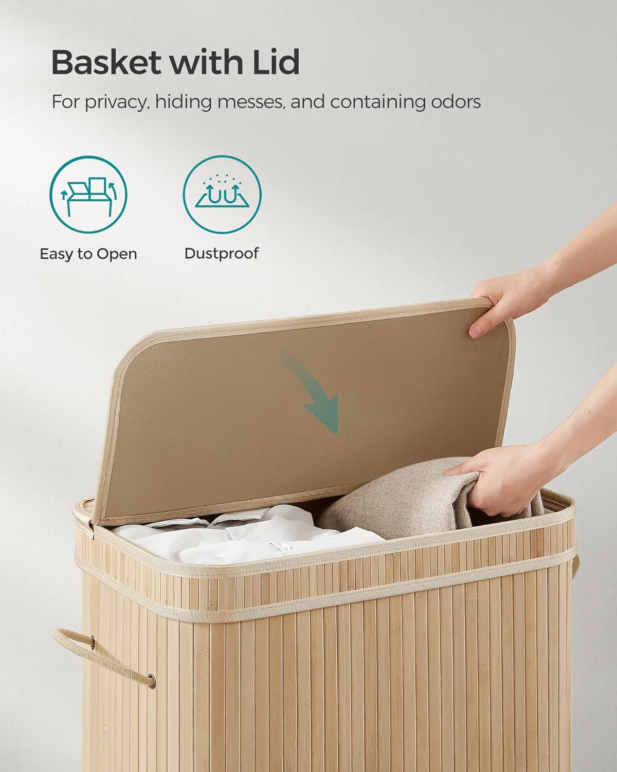 SONGMICS Laundry Hamper with Lid, Bamboo Launry Basket with Handles, Foldable Storage Basket for Laundry Room, Bedroom, 100L, Brown ULCB063K02