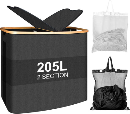 Large Laundry Hamper with Lid 205L,Collapsible 2-Section Dirty Clothes Basket Organizer for Bathroom, Bedroom & Laundry Room - Waterproof, Easy Sort, Foldable Storage Solution