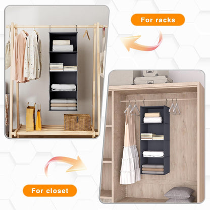 Hanging Closet Organizer 3-Shelf, Oxford Fabric Wardrobe Storage, Gray | Easy-mount foldable design holds clothes, handbags, shoes & accessories; washable Oxford fabric, sturdy and space-saving.