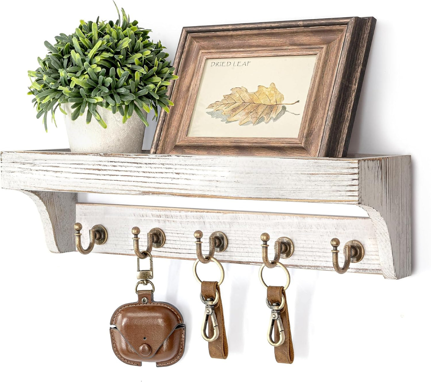 Rebee Vision Farmhouse Key Holder for Wall - Decorative Wooden Mail Organizer with 5 Rustic Key Hooks and Floating Shelf for Home Decor, Hallway, Entryway, Appartment (Retro Brown)