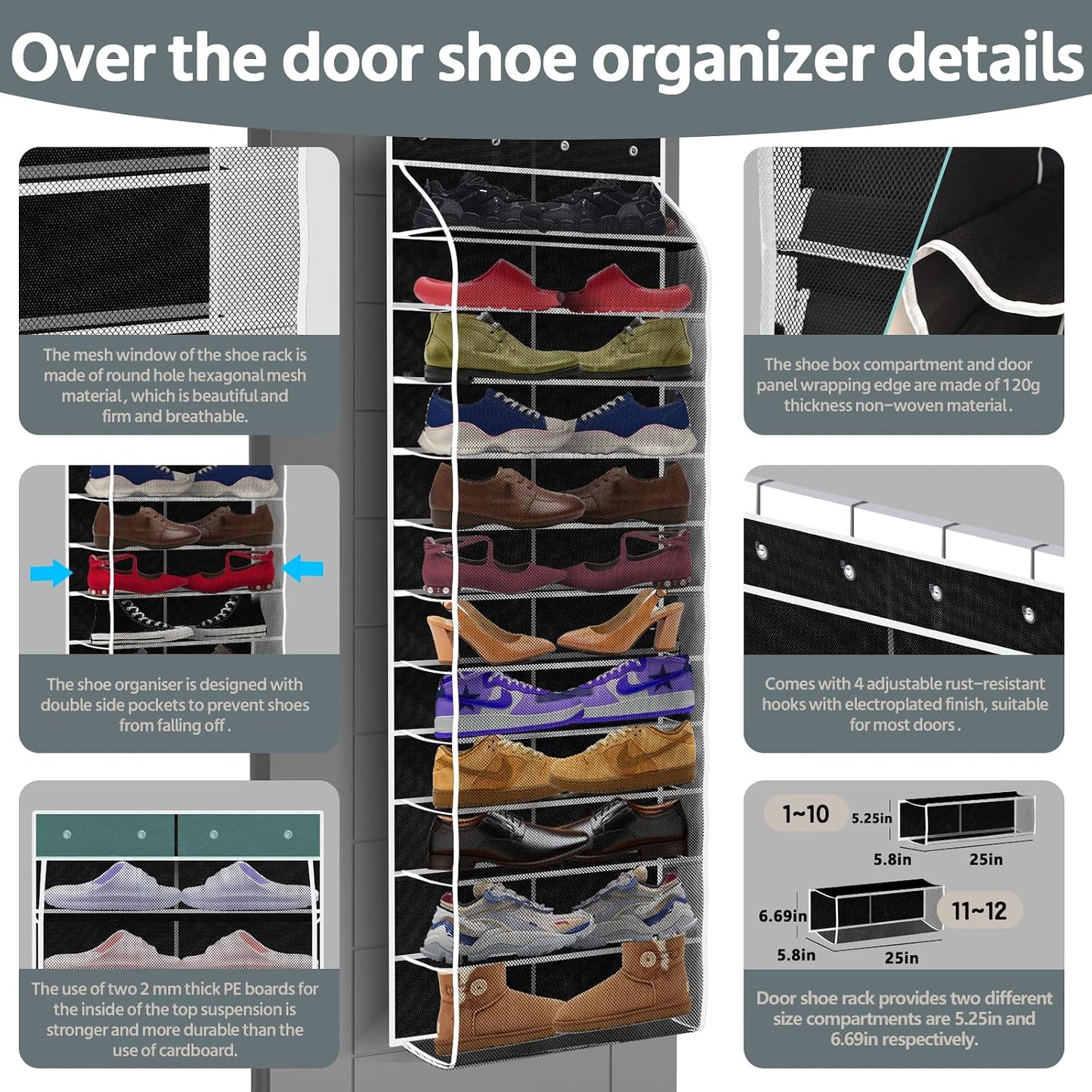 PAULONE 12 Pocket Over the Door Shoe Organizer,Reusable Breathable Large Mesh Bag Men's & Women's Sneaker Organizer,Shoe Organizer for Kids,Hanging Shoe Storage Hanging Bag (White)