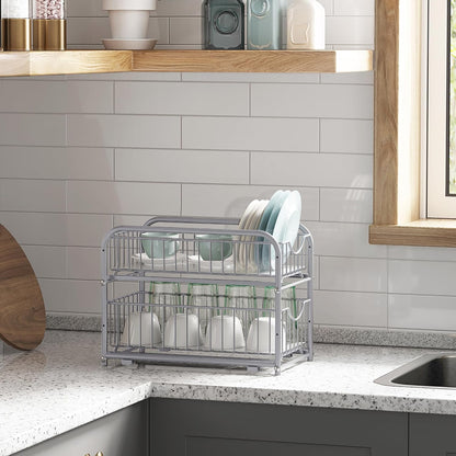 SONGMICS 2-Tier Pull Out Cabinet Organizers, Under Sink Organizer, Bathroom Organizer and Storage, Sliding Basket Drawers, Stackable for Kitchen, Bathroom, Metallic Silver UKCS017E01