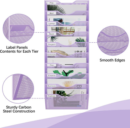 EasyPAG 5 Pocket Mesh Wall File Organizer with Key Hooks, Hanging Paper Folder Holder with Classify Label, Vertical Wall Mount Mail Organizer for Office Home Classroom, Black