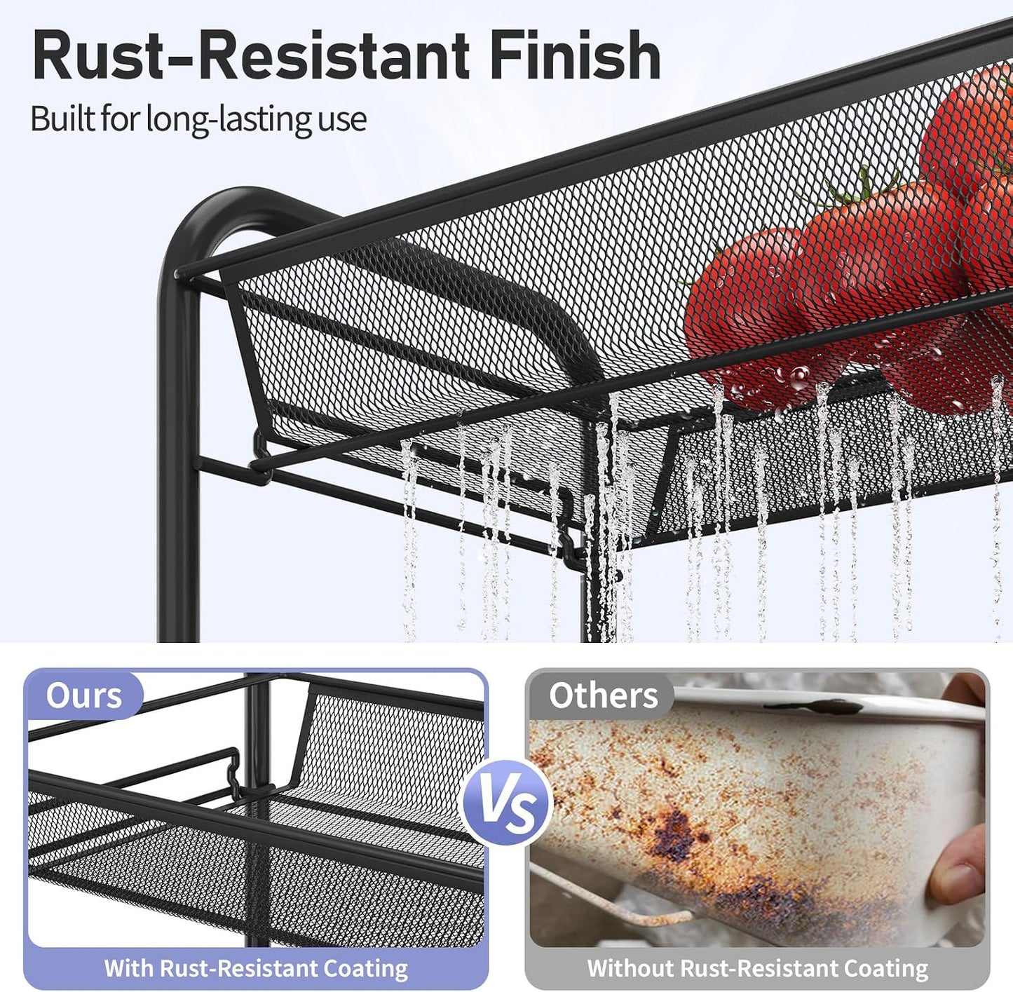 TOOLF 3-Tier Metal Rolling Cart, Mesh Wire Easy Assemble Utility Cart, Storage Trolley on Wheels with 3 Hooks, MetalStorage Shelving Units for Kitchen Bathroom Laundry Room