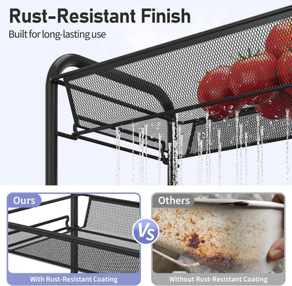 TOOLF 3-Tier Metal Rolling Cart, Mesh Wire Easy Assemble Utility Cart, Storage Trolley on Wheels with 3 Hooks, MetalStorage Shelving Units for Kitchen Bathroom Laundry Room