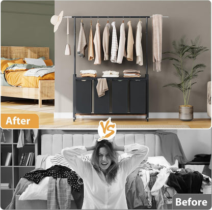 Laundry Basket Organizer, 2 Section Laundry Sorter with Lockable Wheels, Rolling Laundry Hamper with Hanging Rack & Shelf, Folding Station for Laundry Room, Bedroom, Bathroom, Dorm, Closet Storage