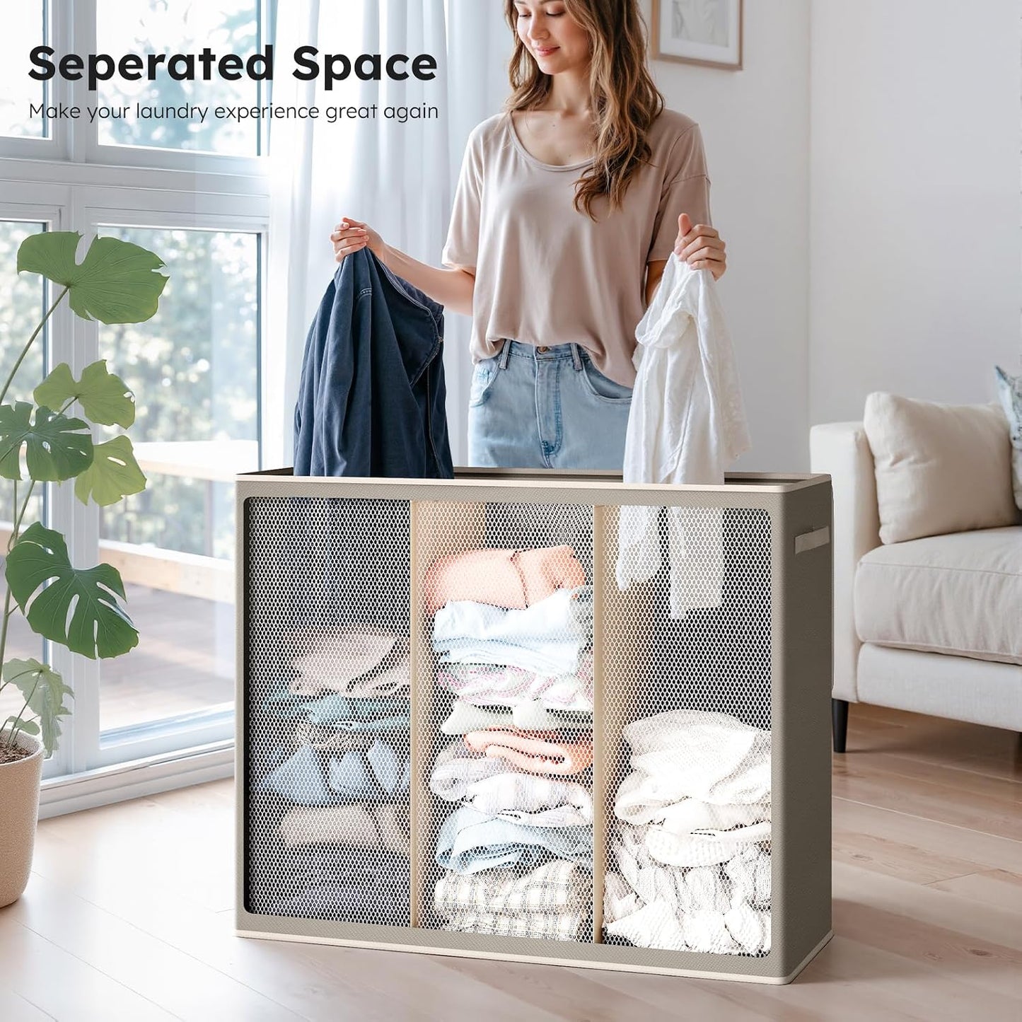 SOLEDI 180L Laundry Hamper 3 Section, Extra Large Laundry Hamper with Lid, Dirty Clothes Hamper with Sturdy Handle, Large Laundry Basket Organizer for Laundry Room, Bedroom, Hampers for Laundry