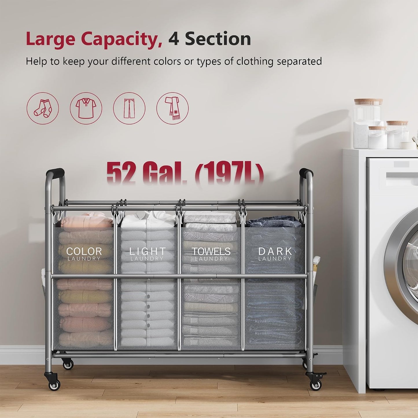 Tajsoon 4 Bag Laundry Sorter Cart, 4 Section Laundry Hamper Sorter with Heavy Duty Lockable Rolling Wheels, Laundry Separator Hamper with Removable Bags for Dirty Clothes Storage, Black