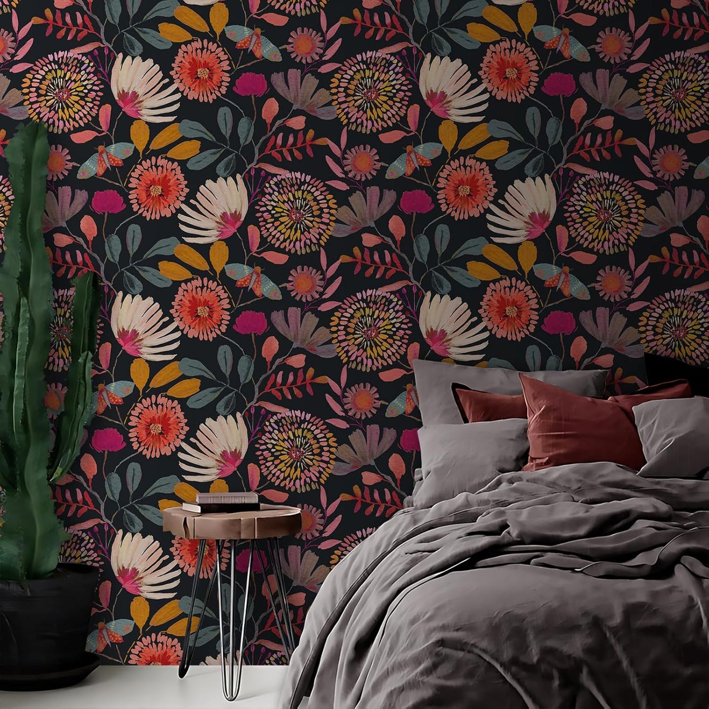 Wallpaper Peel and Stick Floral Wall Paper Removable Waterproof Navy/Pink/Orange Contact Paper for Bedroom, Bathroom,Bathroom, Home Wall 17.3" x 118"