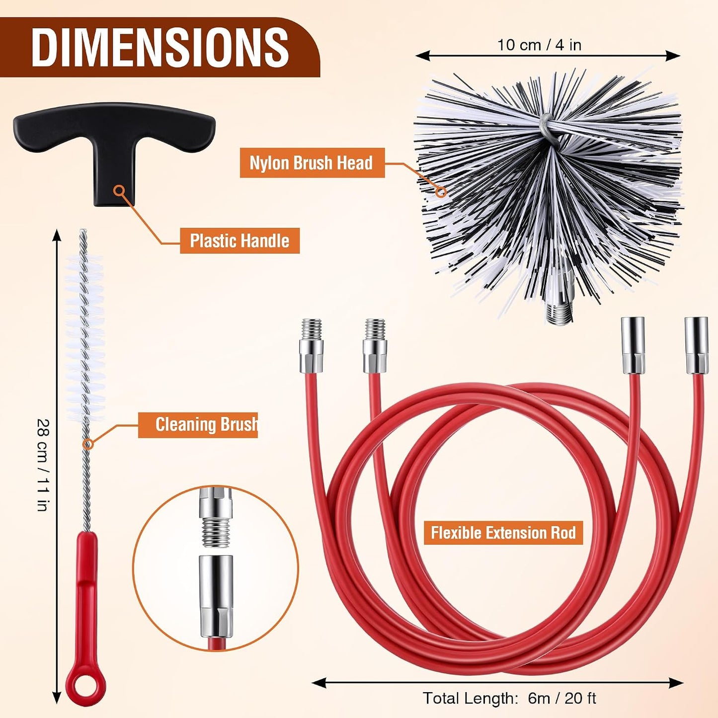 Feekoon Pellet Stove Cleaning Kit, 10 FT Flexible Steel Rod with 3" Brush Head, Flue Detail Cleaner, Pellet Stove Accessories for Vent Pipes Cleaning - Reduce Buildup & Improve Airflow