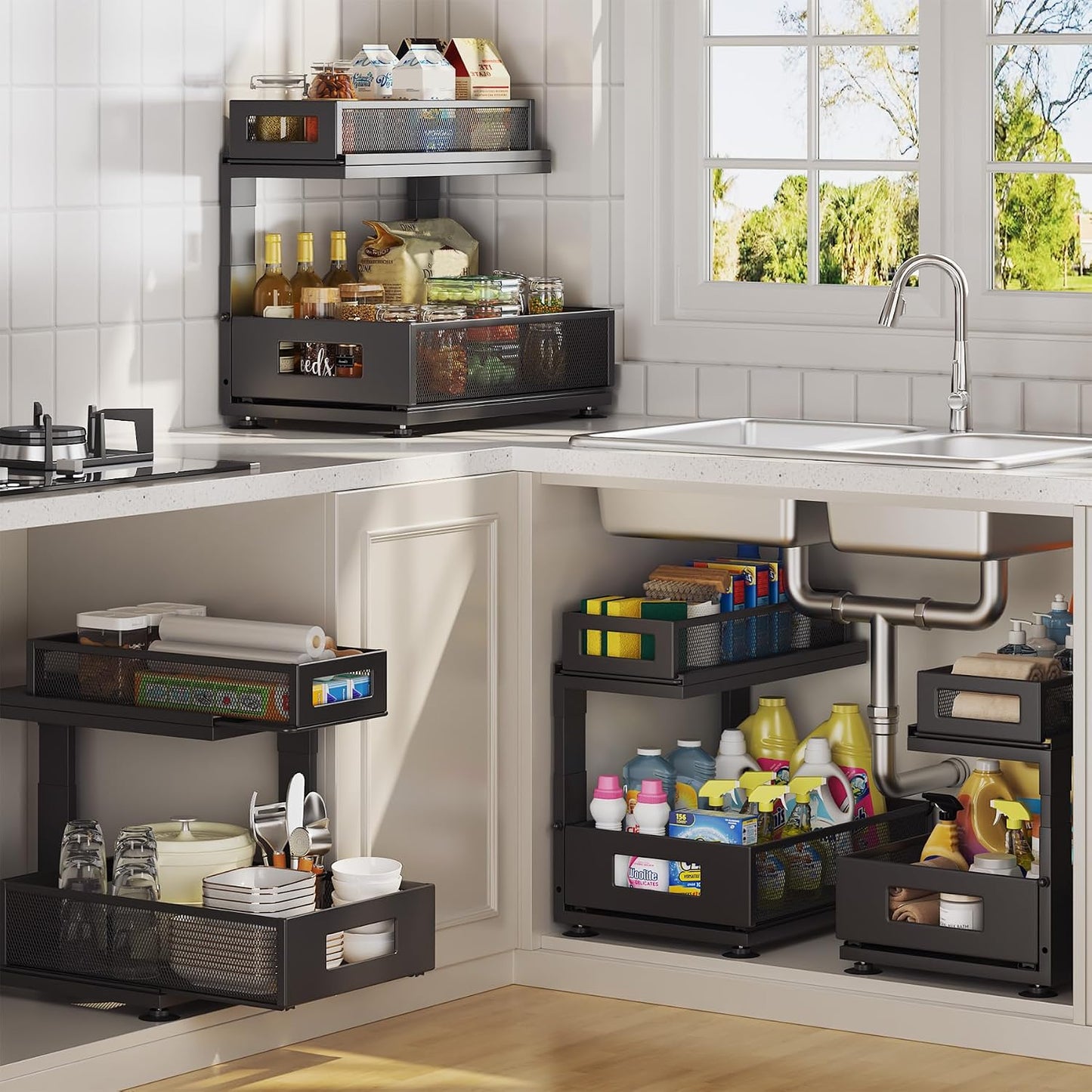 2 Pack Under Sink Organizer with Next-Gen Ball-Bearing Slides,2-Tier Pull Out Cabinet Storage,Height Adjustable Drawer Shelf for Bathroom,Kitchen,Laundry,Cabinet,Pantry(Patent Pending)