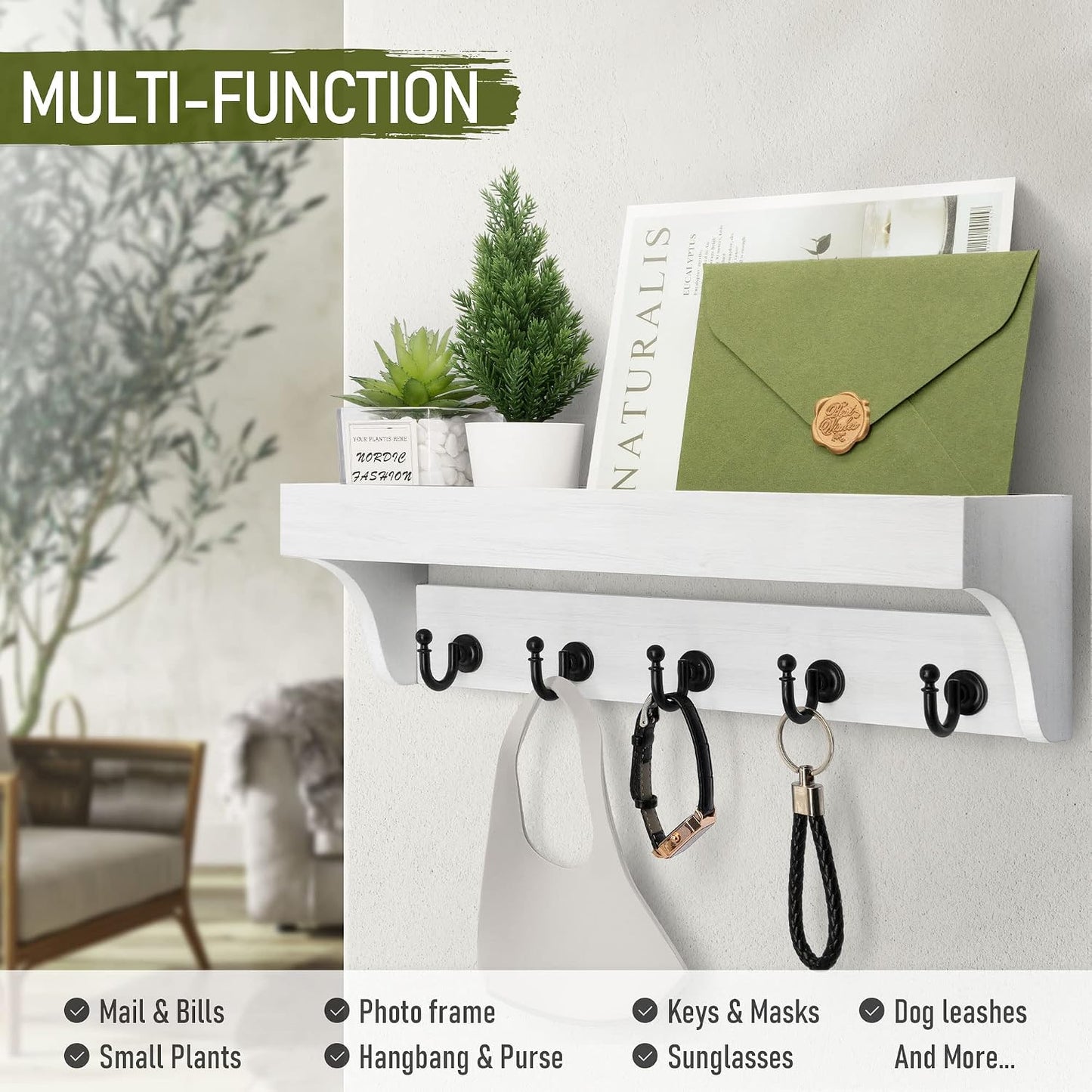 Rebee Vision Farmhouse Key Holder for Wall - Decorative Wooden Mail Organizer with 5 Rustic Key Hooks and Floating Shelf for Home Decor, Hallway, Entryway, Appartment (Retro Brown)