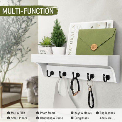 Rebee Vision Farmhouse Key Holder for Wall - Decorative Wooden Mail Organizer with 5 Rustic Key Hooks and Floating Shelf for Home Decor, Hallway, Entryway, Appartment (Retro Brown)