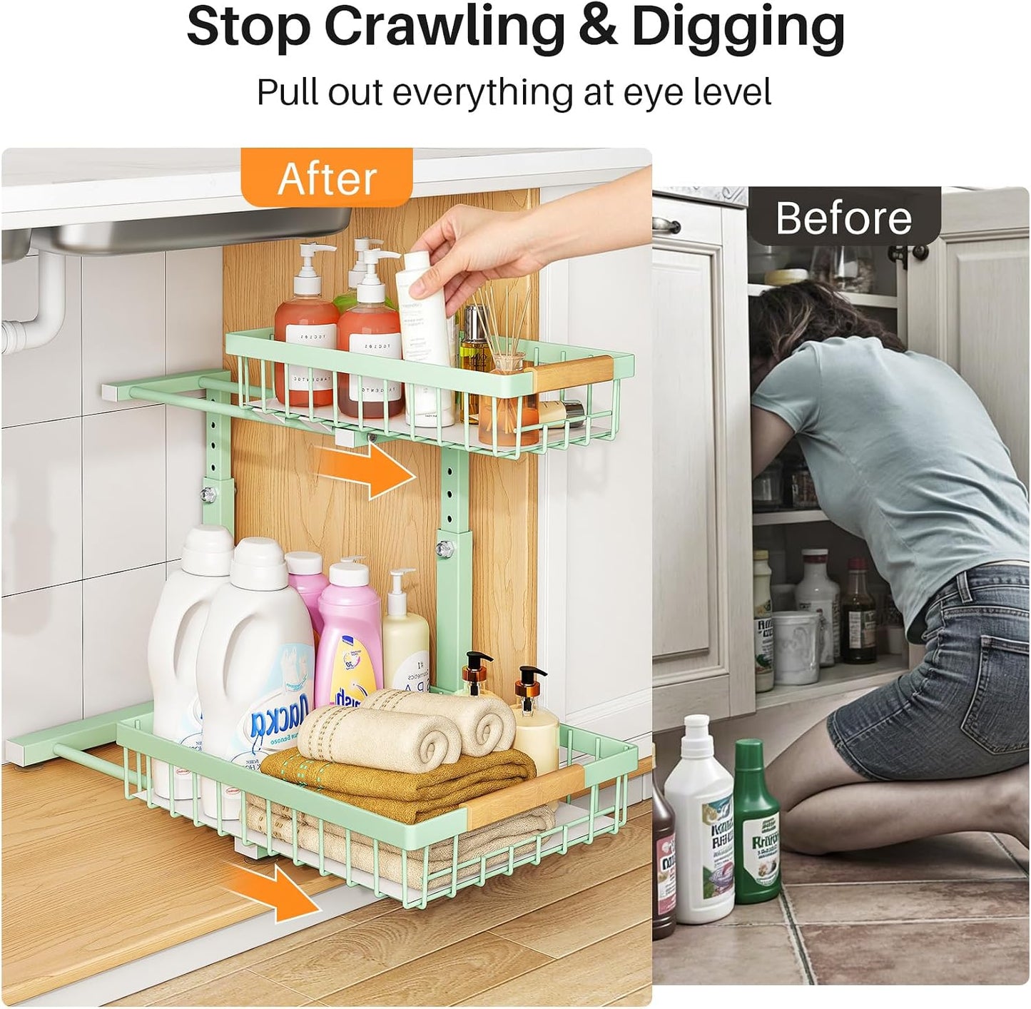 PXRACK Under Sink Organizer, Adjustable Height, 2 Tier Pull Out Under Cabinet Organizer, Slide Out Thickened Metal Under Sink Storage for Kitchen Bathroom Laundry Pantry Cabinet, White, Large-1-Pack
