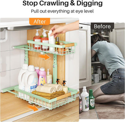 PXRACK Under Sink Organizer, Adjustable Height, 2 Tier Pull Out Under Cabinet Organizer, Slide Out Thickened Metal Under Sink Storage for Kitchen Bathroom Laundry Pantry Cabinet, White, Large-1-Pack