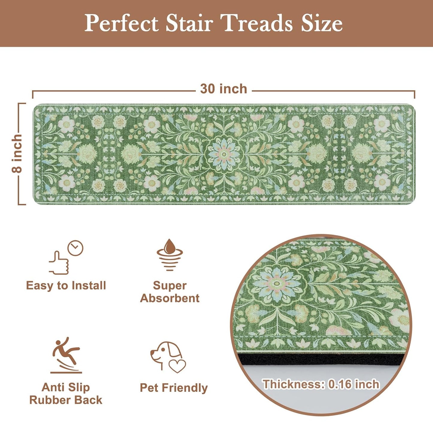 OJIA Floral Stair Treads Non-Slip Stair Runner for Wooden Steps Indoor 15PCS 30"x8" Carpet Stair Treads Stair Mats Staircase Step Treads for Kids, Elders and Dogs, Stair Covers, Black