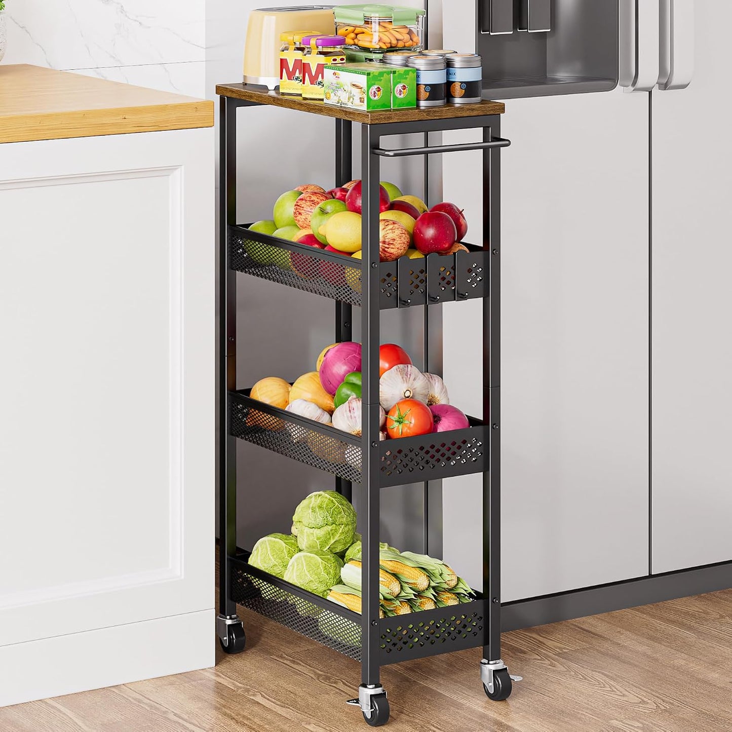 XYZLVSI Slim Storage Cart 4 Tier Narrow Kitchen Rolling Cart on Wheels for Small Space, Mobile Utility Cart Shelving Unit with Wooden Top and Metal Handle for Kitchen, Bathroom, Laundry Room