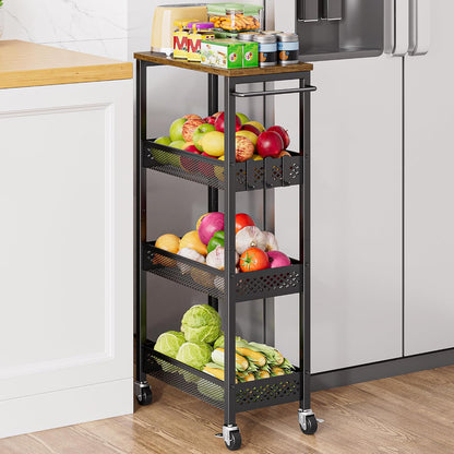 XYZLVSI Slim Storage Cart 4 Tier Narrow Kitchen Rolling Cart on Wheels for Small Space, Mobile Utility Cart Shelving Unit with Wooden Top and Metal Handle for Kitchen, Bathroom, Laundry Room