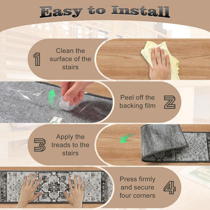 Non Slip Stair Treads for Wooden Steps, 15 Pack 8"x30" Washable Carpet | 8x30 in soft chenille polyester stair treads with reusable TPE backing for indoor wood stairs, dogs, kids, and seniors