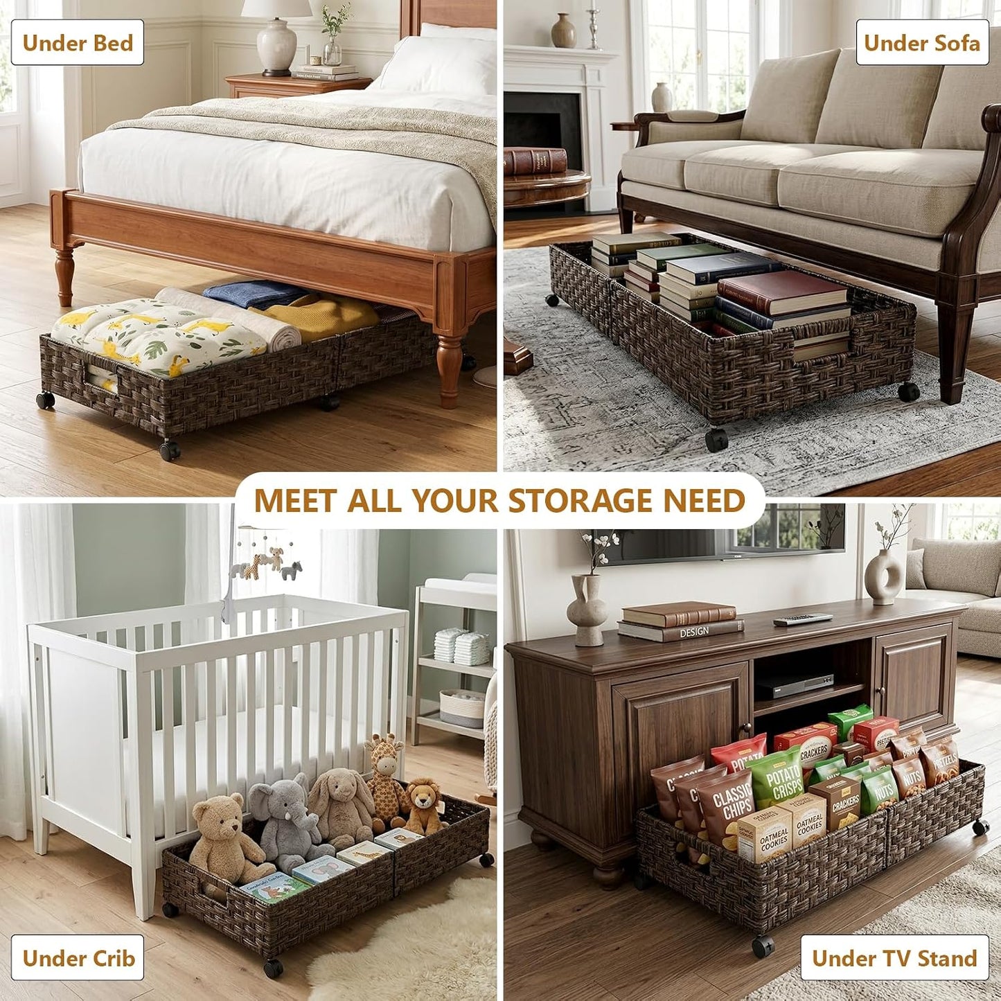 Under Bed Storage Containers with Wheels, 31.5” Large Handwoven Rattan Rolling UnderBed Storage Bins, Tool-free Assembly Natural Under The Bed Organizer Drawers for Bedroom, Sheets Clothes Blankets