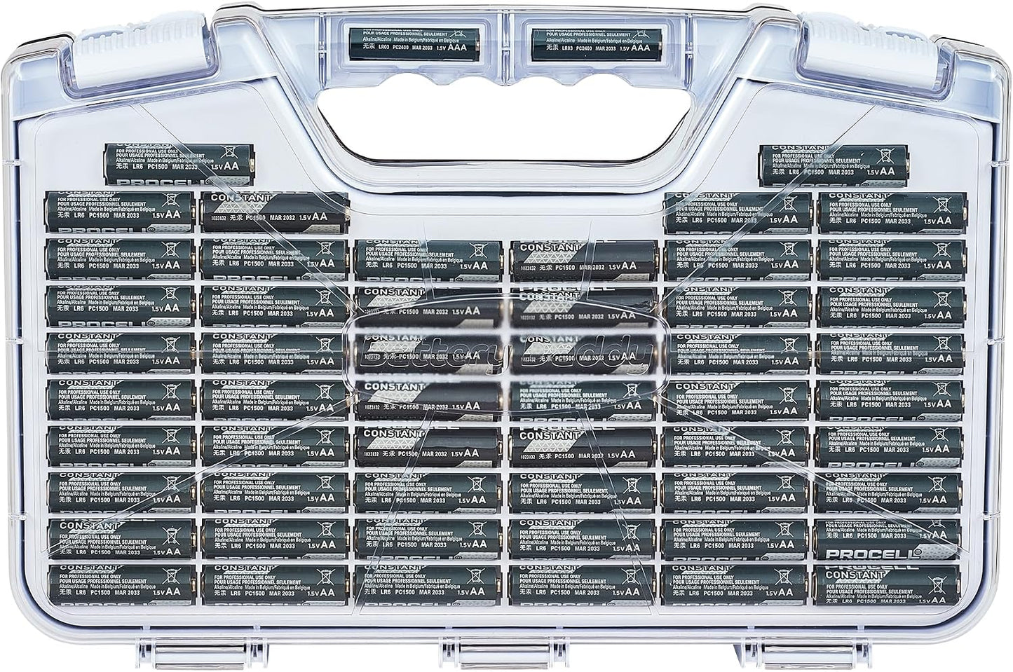 Battery Daddy Storage & Organizer Case with Tester, Stores & Protects Up to 180 Batteries, Double-Sided, Clear Locking Lid, Secure Latches & Portable Carrying Handle - White (Batteries Not Included)