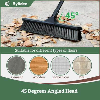 Eyliden 18" Push Broom for Deck Driveway Patio Garage, Black | Heavy-Duty Stiff Bristles Sweeper with 66" Adjustable Handle | Outdoor Concrete Sidewalk Yard Snow Cleaning Tool