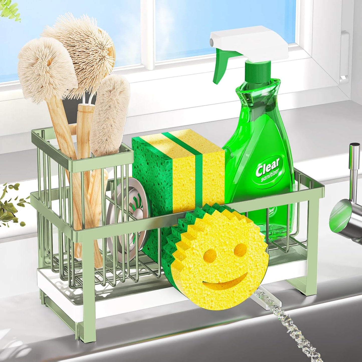 Sponge Holder for Kitchen Sink,Smiley Face Sink Caddy with Removable Brush Holder,Self-Draining Sponge Caddy for Soap,Dish Brush,Scrubber,Kitchen Essentials and Gadgets-Silver