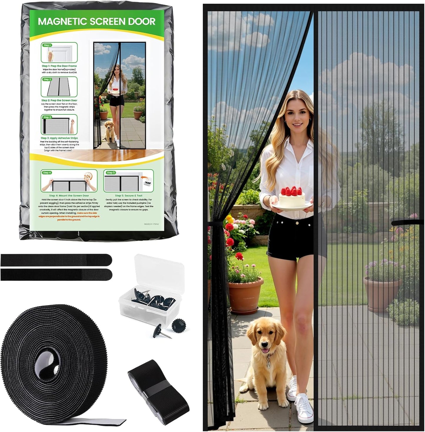 Magnetic Screen Door, Screen Door Mesh, Heavy-Duty Mesh Curtain, Door Net Keep Bugs Out, Hands Free Partition, Screen Size 38” × 83”, Fits 36” × 82” Doors, Pet & Kid Friendly, Black