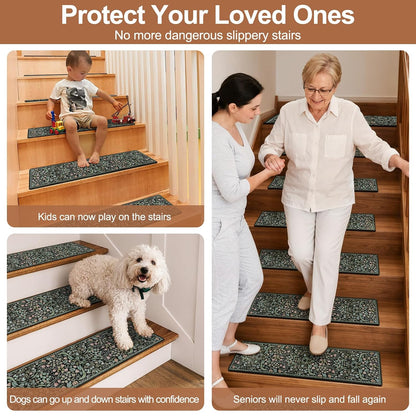 OJIA Floral Stair Treads Non-Slip Stair Runner for Wooden Steps Indoor 15PCS 30"x8" Carpet Stair Treads Stair Mats Staircase Step Treads for Kids, Elders and Dogs, Stair Covers, Black