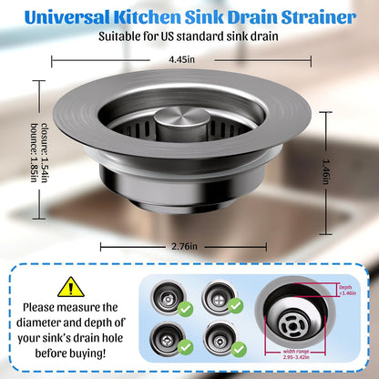 NinjaTiger Kitchen Sink Drain Strainer - 3-in-1 Stainless Steel Pop Up Sink Stopper Anti-Clogging Sink Strainer Basket Sink Drainer Filter Plug for US Standard 3-1/2'' Sink Drain | Gunmetal Gray