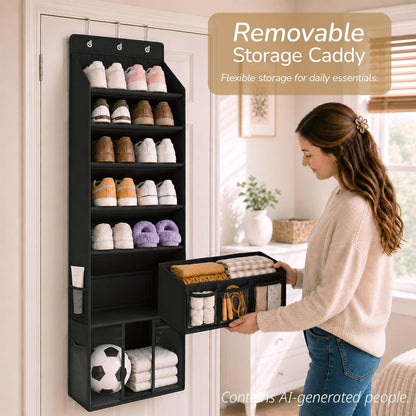 3in1 Over The Door Shoe Organizer with 5 Slanted Compartments,Removable Storage Bin & Transparent Pockets,Thickened Waterproof Oxford Fabric Shoes Rack for Shoes,Boots,Toys,Daily Essentials. (Beige)