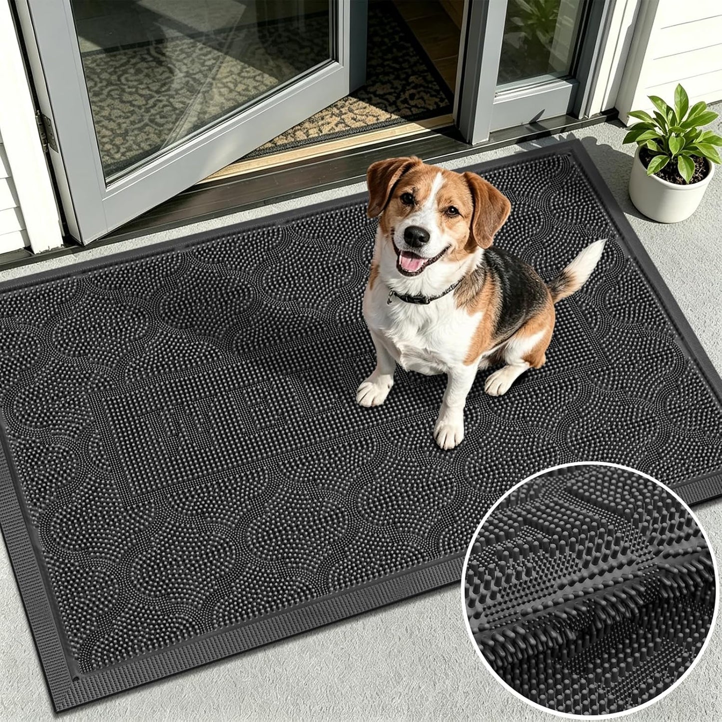 FRAMICS Front Door Mat Outside Entrance, Heavy Duty Rubber Door Mats Outdoor Welcome Mat Waterproof Doormat Non Slip for Entryway Doormats Dirt Trapper Indoor Mats All Seasons, 17 x 30 Inches, Black