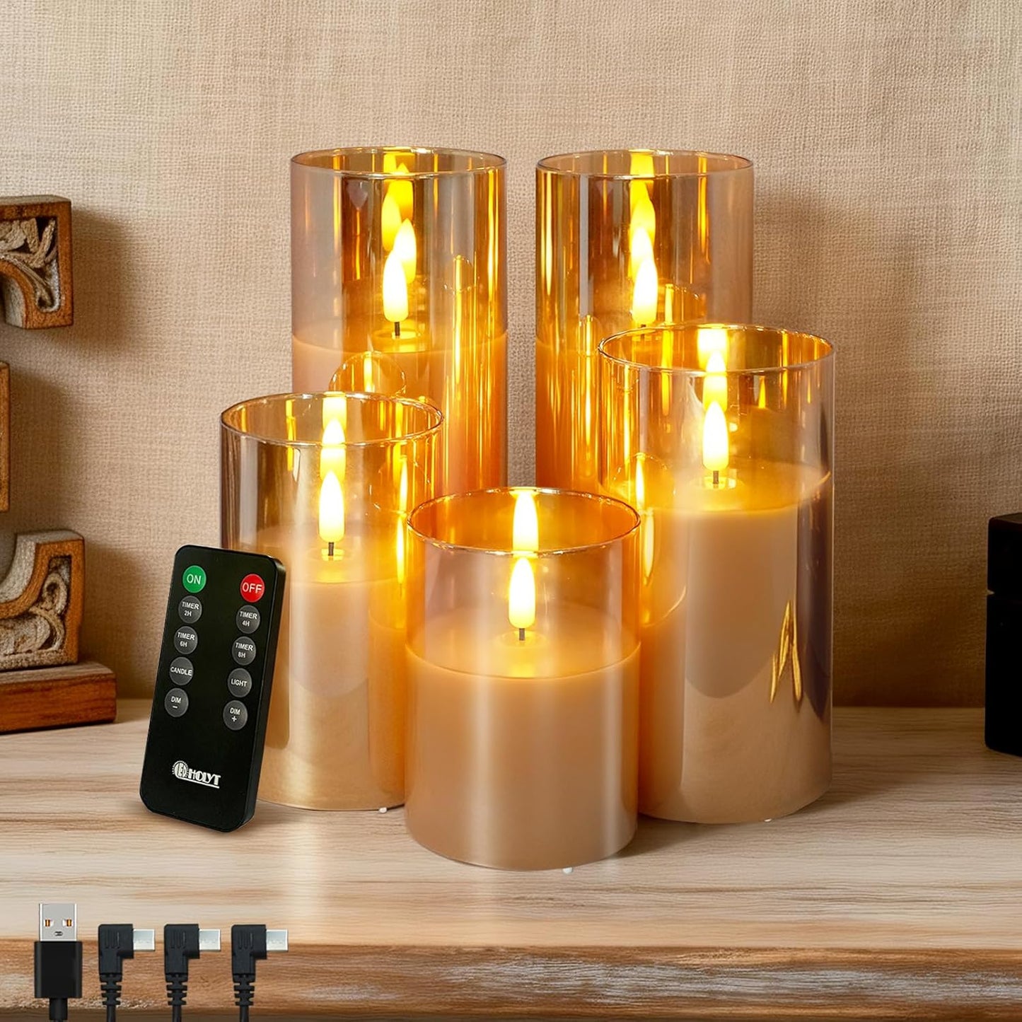 LEDHOLYT Rechargeable Flameless Glass Pillar Candles–Gifts for Women,–Set of 3, Realistic Flickering LED Light,Remote & Timer, Ideal for Living Room, Bedroom & Festival Wedding Home Party Decor