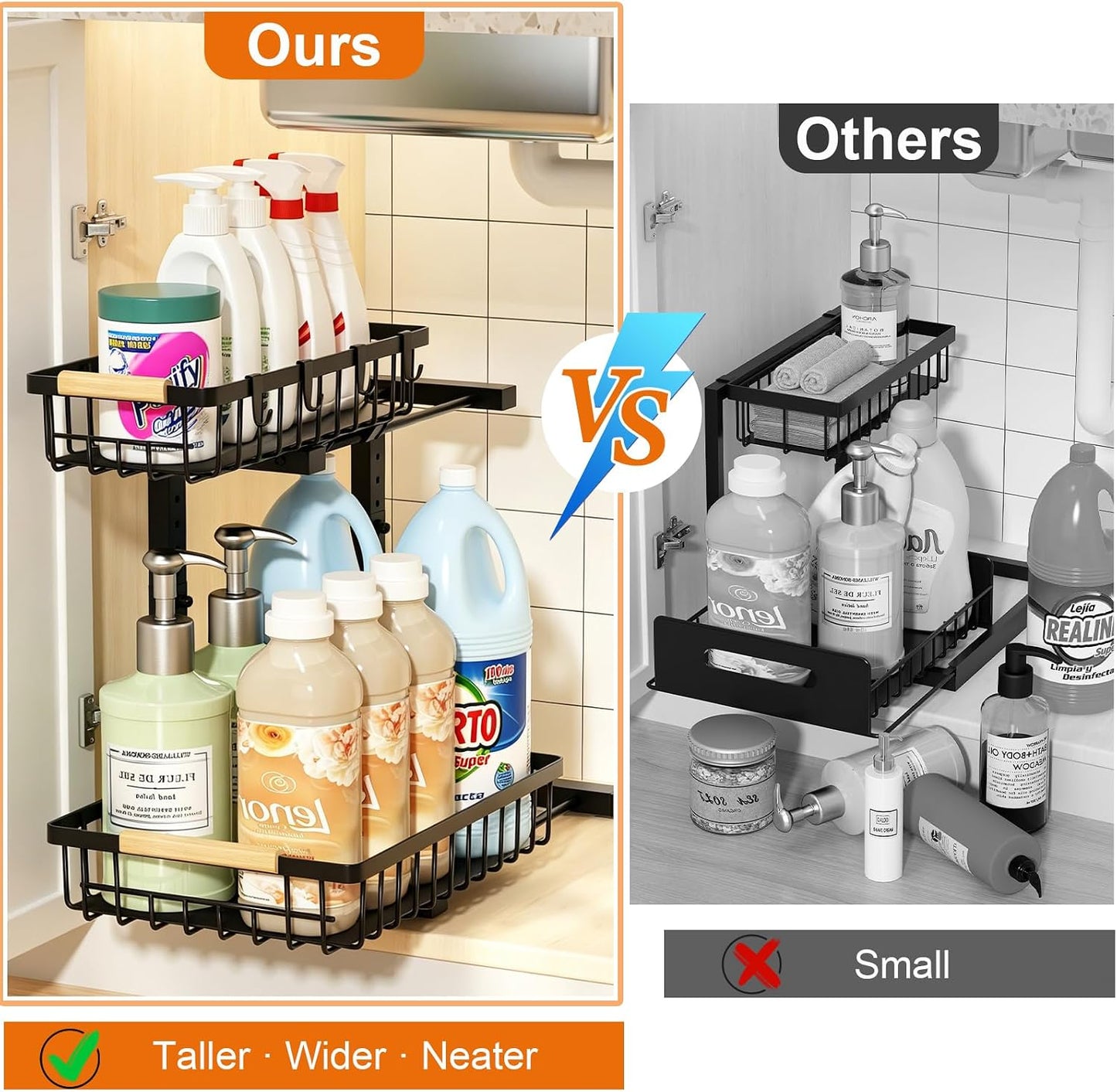 REALINN Under Sink Organizer, 2 Pack Height Adjustable Under Sink Organizers and Storage, 2 Tier Pull Out Drawer Cabinet Storage for Kitchen Bathroom, White