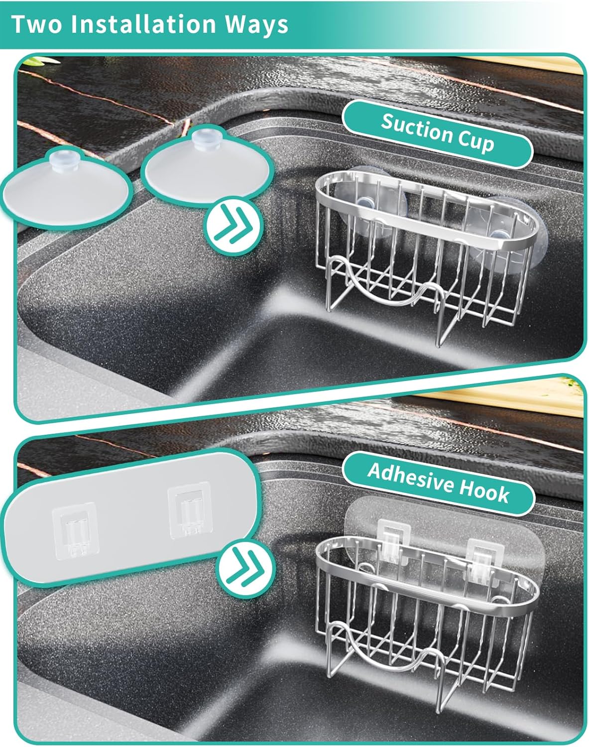 HapiRm Multifunctional Sponge Holder with Unique M-Shaped, 2 Installation Methods Kitchen Sink Caddy Organizer, Rustproof Stainless Steel Kitchen Organizers and Storage Essentials - Black