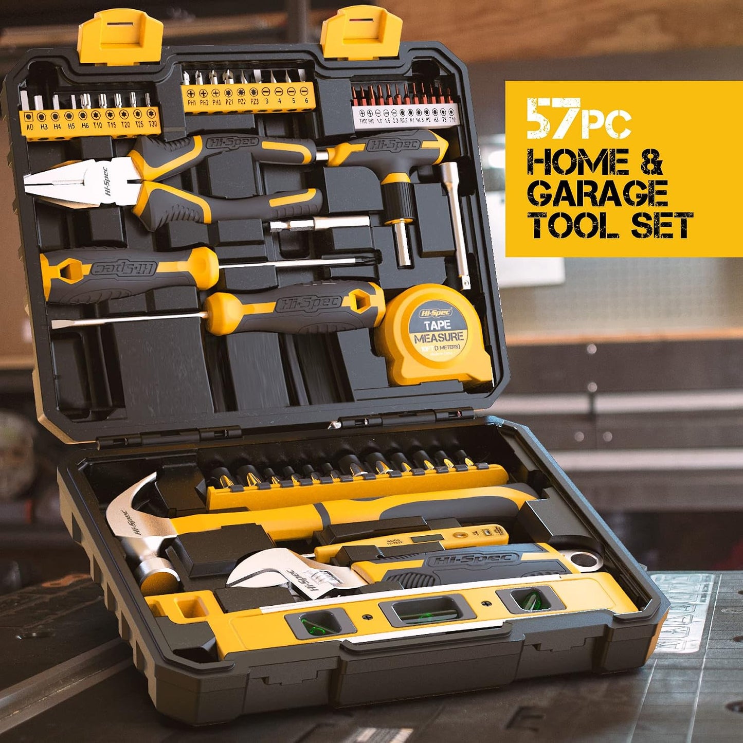 Hi-Spec 57pc Home Garage DIY Tool Kit Set. Complete Beginner Handyman and Home Mechanics Tool Box Set for Auto, Car, Bike and Household Repairs