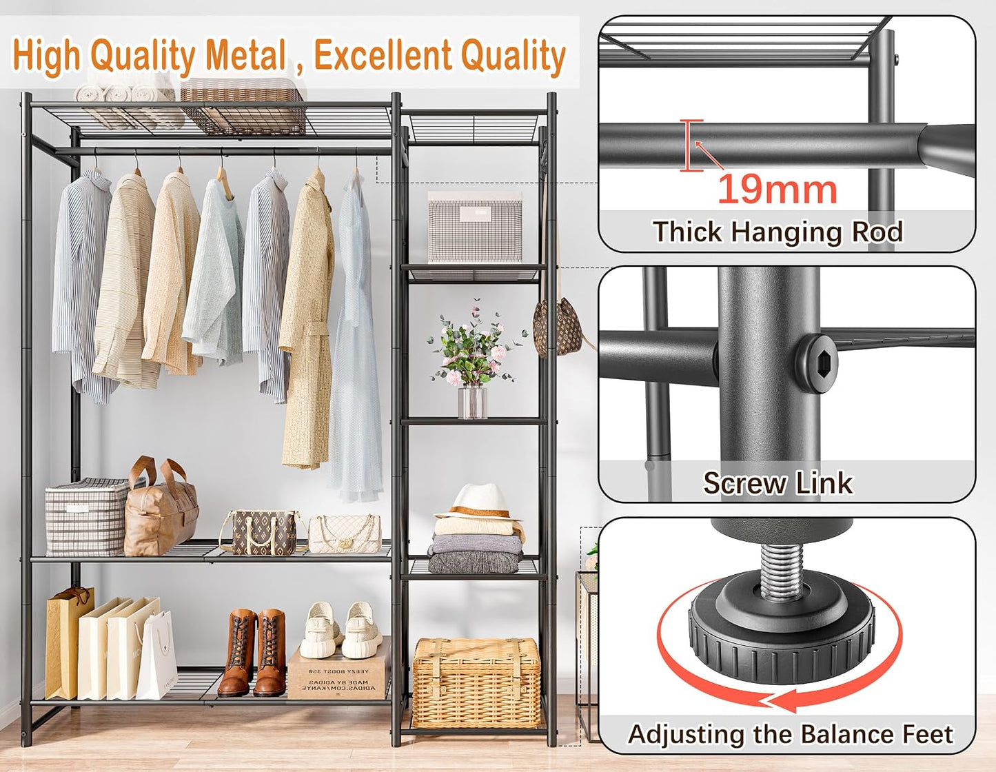 Wardrobe Closet,Portable Clothes Rack with 4 Tiers Shelves,Freestanding Closet Organizers and Storage System with Hanging Rods,Steel Clothing Rack Suitable for Cloakrooms,Bedrooms,Entrances,etc.Black