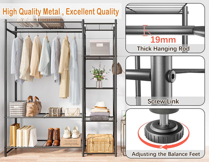 Wardrobe Closet,Portable Clothes Rack with 4 Tiers Shelves,Freestanding Closet Organizers and Storage System with Hanging Rods,Steel Clothing Rack Suitable for Cloakrooms,Bedrooms,Entrances,etc.Black