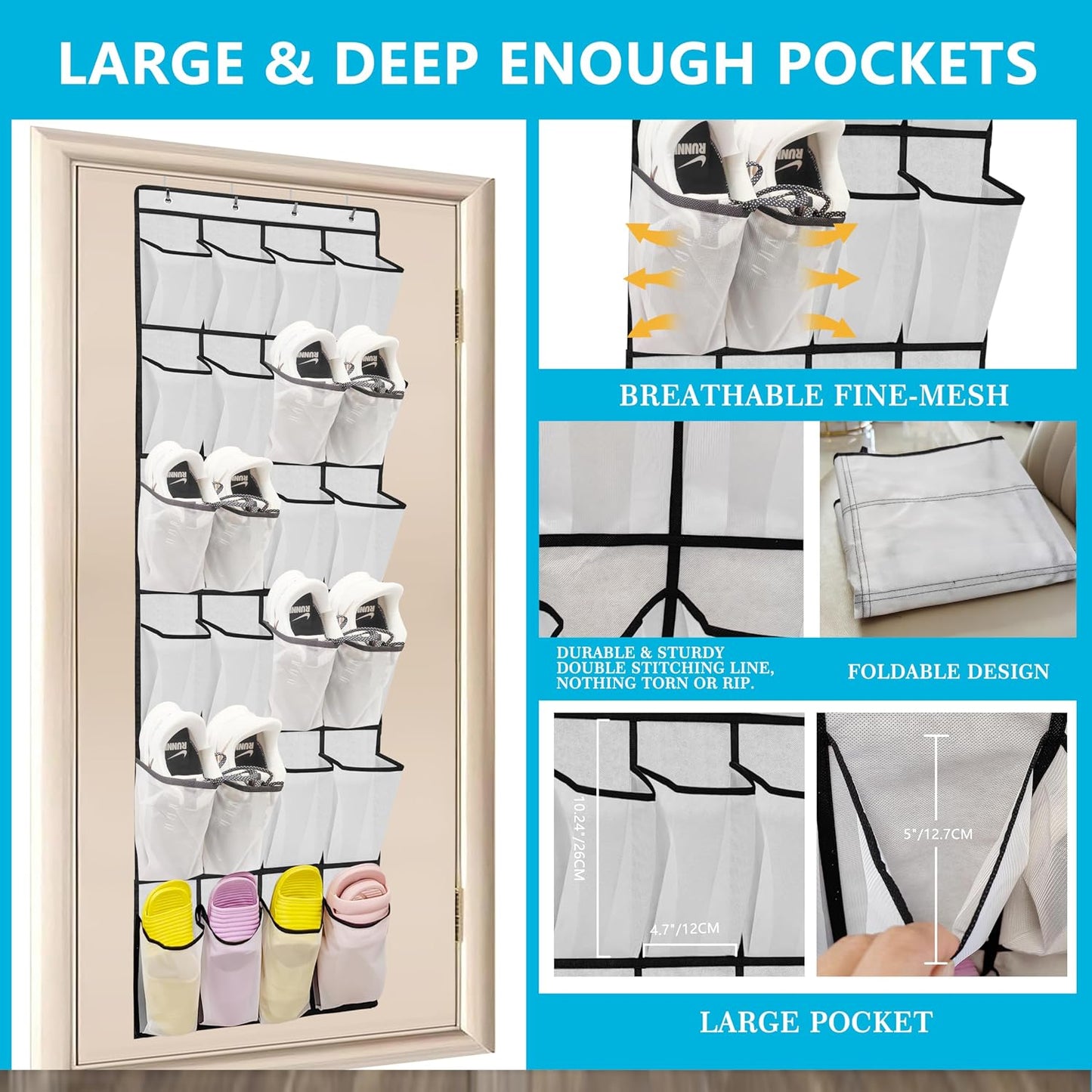 Over The Door Shoe Organizer with 24 Large Breathable Mesh Pockets Sturdy Closet Door Shoe Storage Holder Hanging SimpleHouseware Men Women Kids Shoe Holder for Rack (Black)