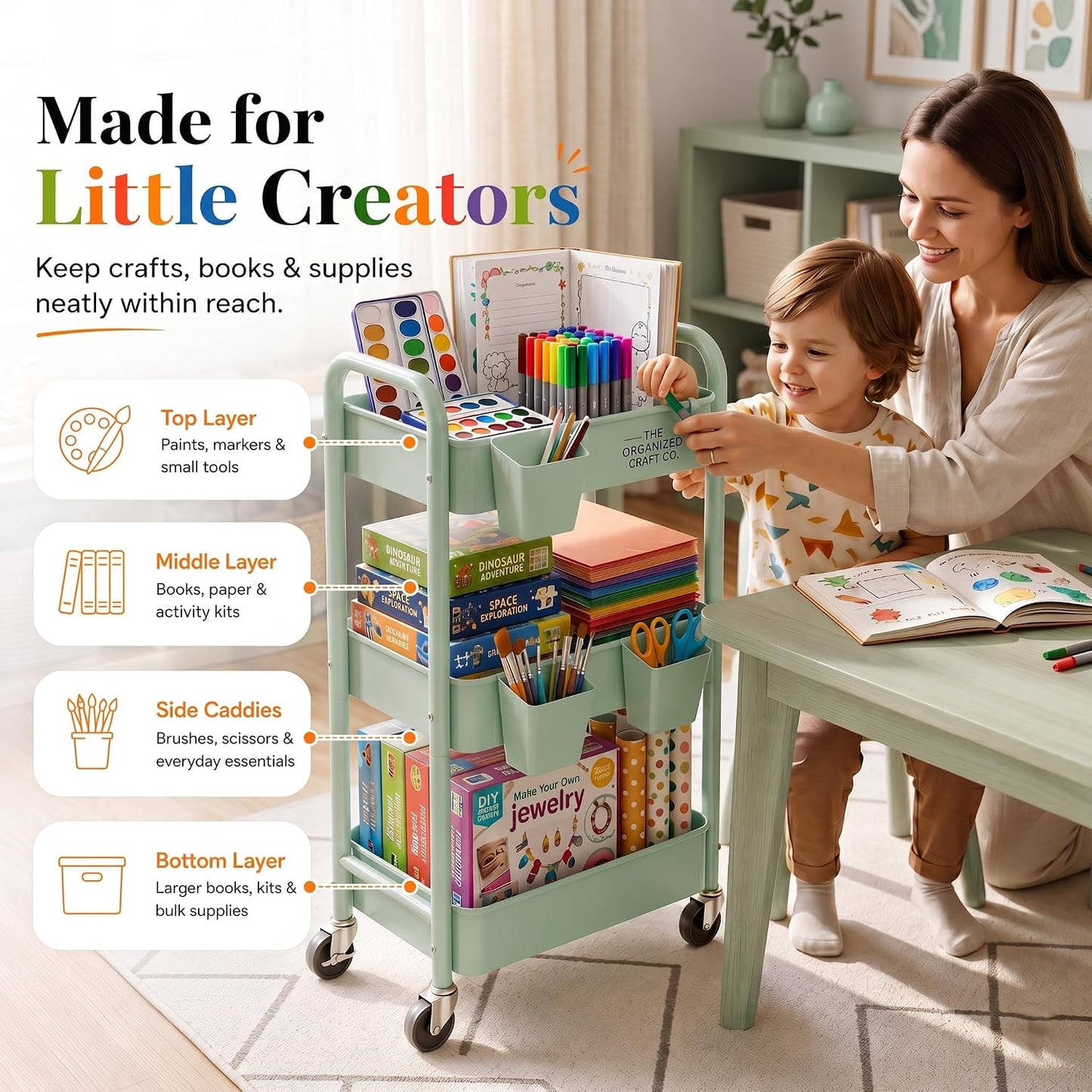 2 Tier Small Rolling Cart Metal with Wheels, White Under Desk Storage Cart on Wheels, Short Utility Roller Caddy Carts Organizer for Art,Craft,Pantry,Bathroom, Two Tiered Shelf Trolley,22 Inches Tall
