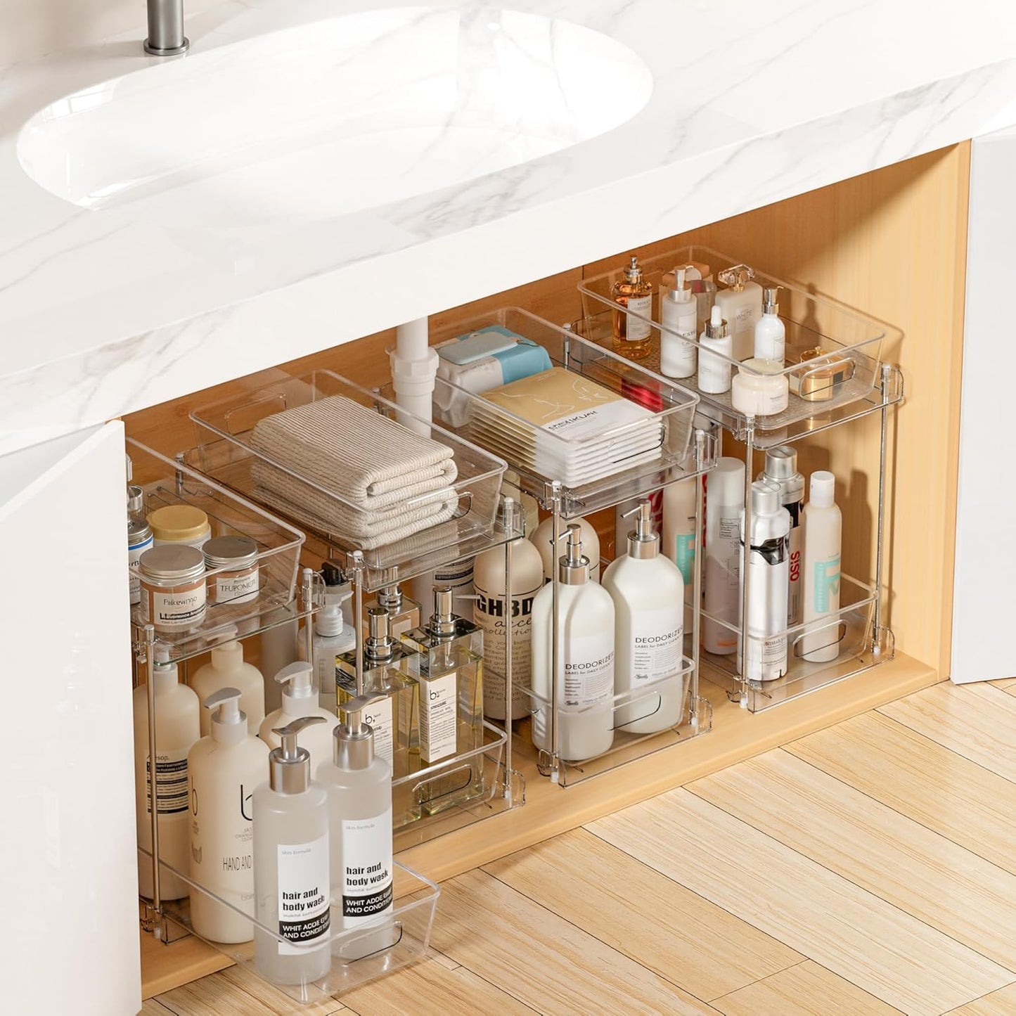 Vtopmart 2 Tier Bathroom Storage Organizer, 2 Pack Clear Under Sink Organizers Vanity Counter Container, Cabinet Drawers Bins, Pull-Out Organization with Track for Pantry, Kitchen