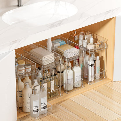 Vtopmart 2 Tier Bathroom Storage Organizer, 2 Pack Clear Under Sink Organizers Vanity Counter Container, Cabinet Drawers Bins, Pull-Out Organization with Track for Pantry, Kitchen
