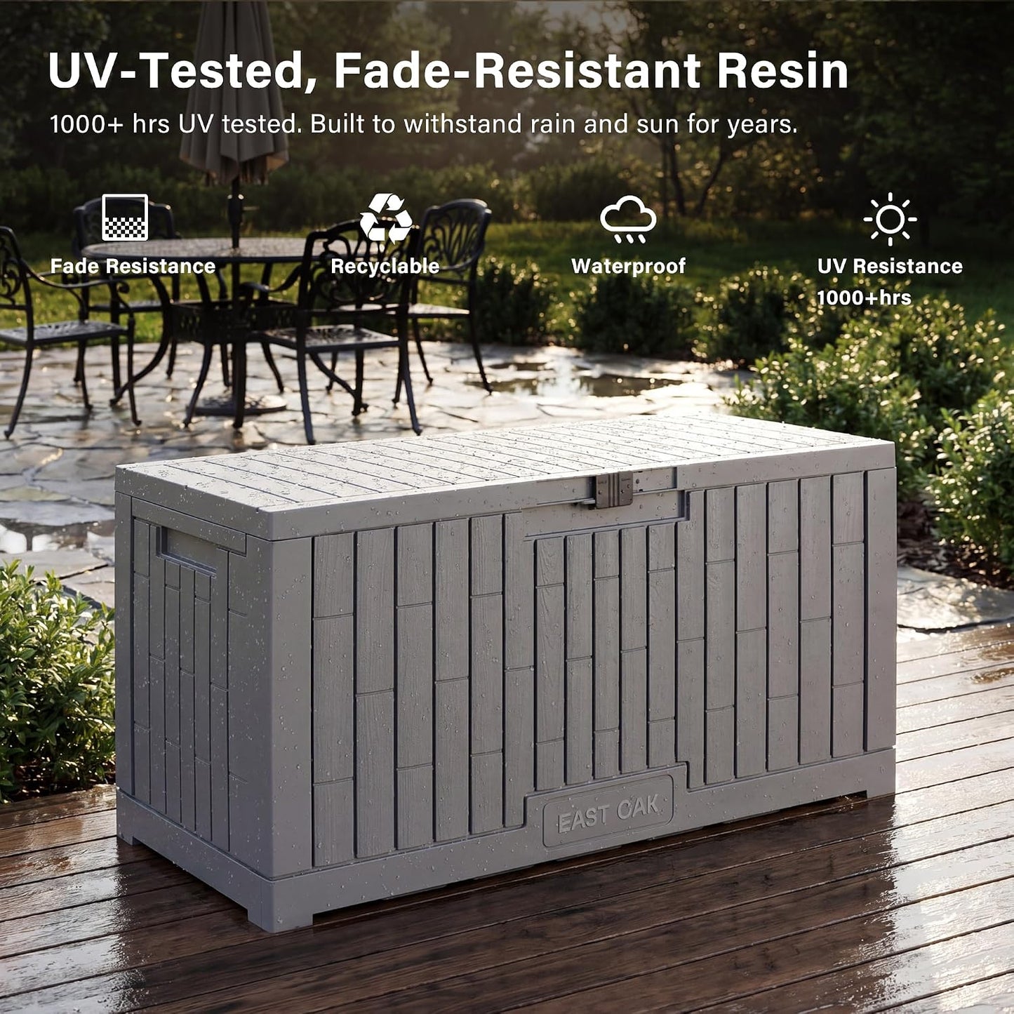 EAST OAK Outdoor Storage Box, 31 Gallon Deck Box Indoor and Outdoor Use, Waterproof Resin Storage Bin for Package Delivery, Patio Cushions, Gardening Tools, Lockable, UV Resistant, Grey
