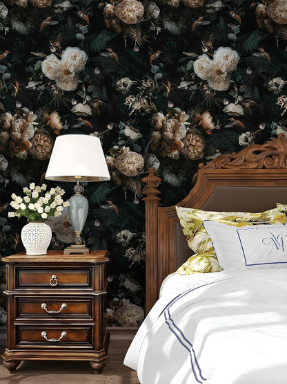 Floralplus Peel and Stick Wallpaper Removable Dark Floral Wallpaper 17.5 x 393 in Renter Friendly Wallpapers for Bedroom Accent Wall Black Floral Contact Paper Flower Wall Mural