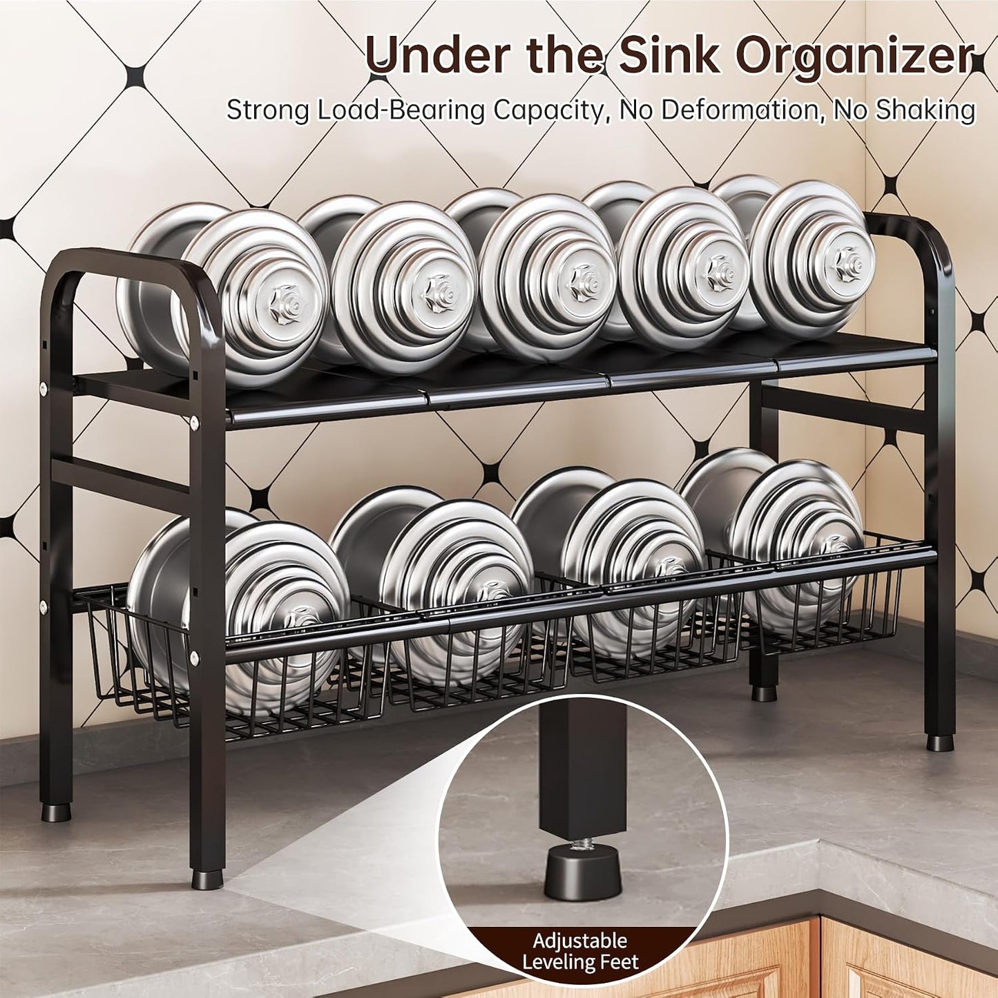2 Tier Under Sink Organizer Expandable Length/Height Adjustable Heavy | Length/height adjustable fits any cabinet, 4 removable shelves/baskets, anti-wobble feet, for kitchen/bathroom/laundry