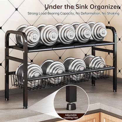 2 Tier Under Sink Organizer Expandable Length/Height Adjustable Heavy | Length/height adjustable fits any cabinet, 4 removable shelves/baskets, anti-wobble feet, for kitchen/bathroom/laundry