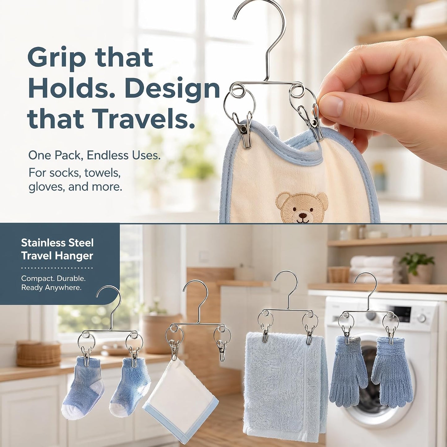 4PCS Double Clip Stainless Steel Travel Hanger, Portable Rustproof Space Saving Laundry Drying Hanger with Dual Clips, Compact Hotel Travel Hanger for Socks Handkerchiefs Small Items
